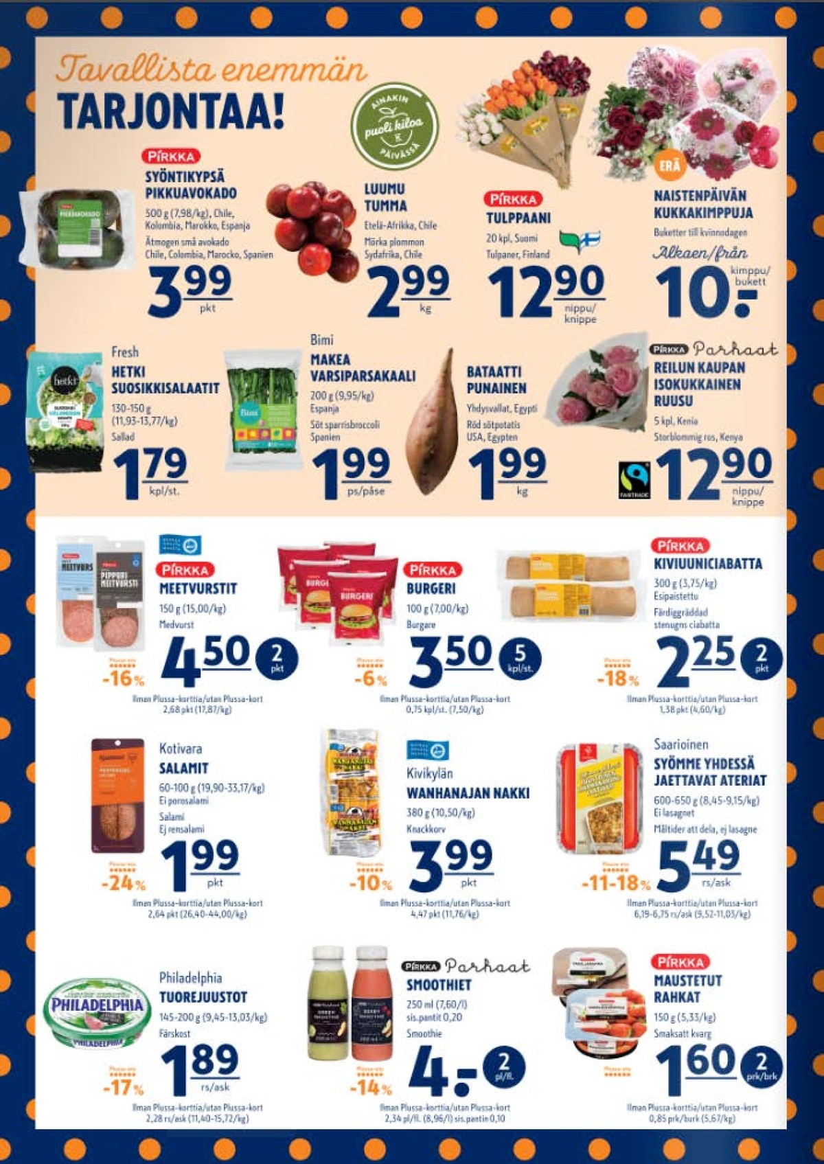 Katso ketjun K-Supermarket tarjouslehti viikolta 10 sivustolla Viikkotarjoukset.fi. Löydät monia hyviä tarjouksia erilaisista tuotteista, esimerkiksi avokadot pirkka tai luumut ei määritelty. Lue tarjouslehti täältä! Sivu 2