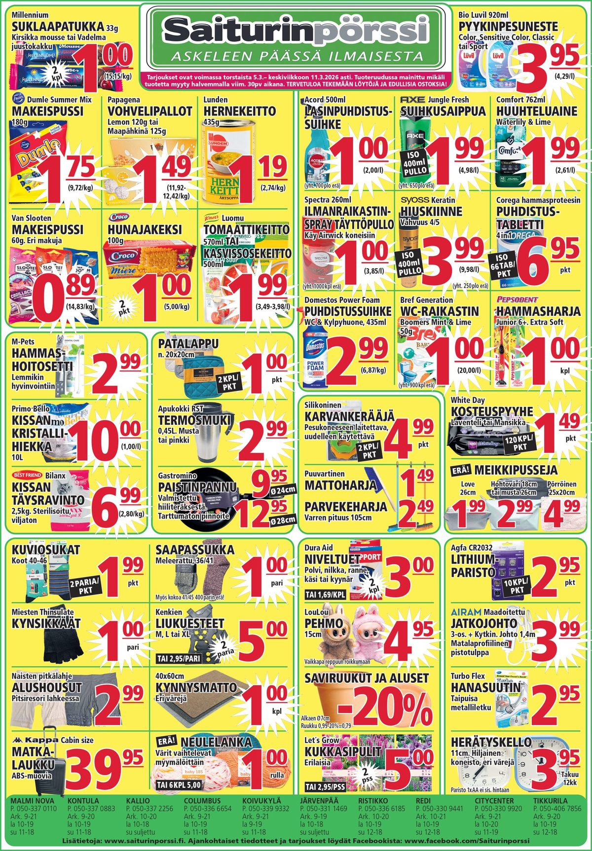 Katso ketjun Saiturin Pörssi tarjouslehti viikolta 10 sivustolla Viikkotarjoukset.fi. Löydät monia hyviä tarjouksia erilaisista tuotteista. Lue tarjouslehti täältä! Sivu 1