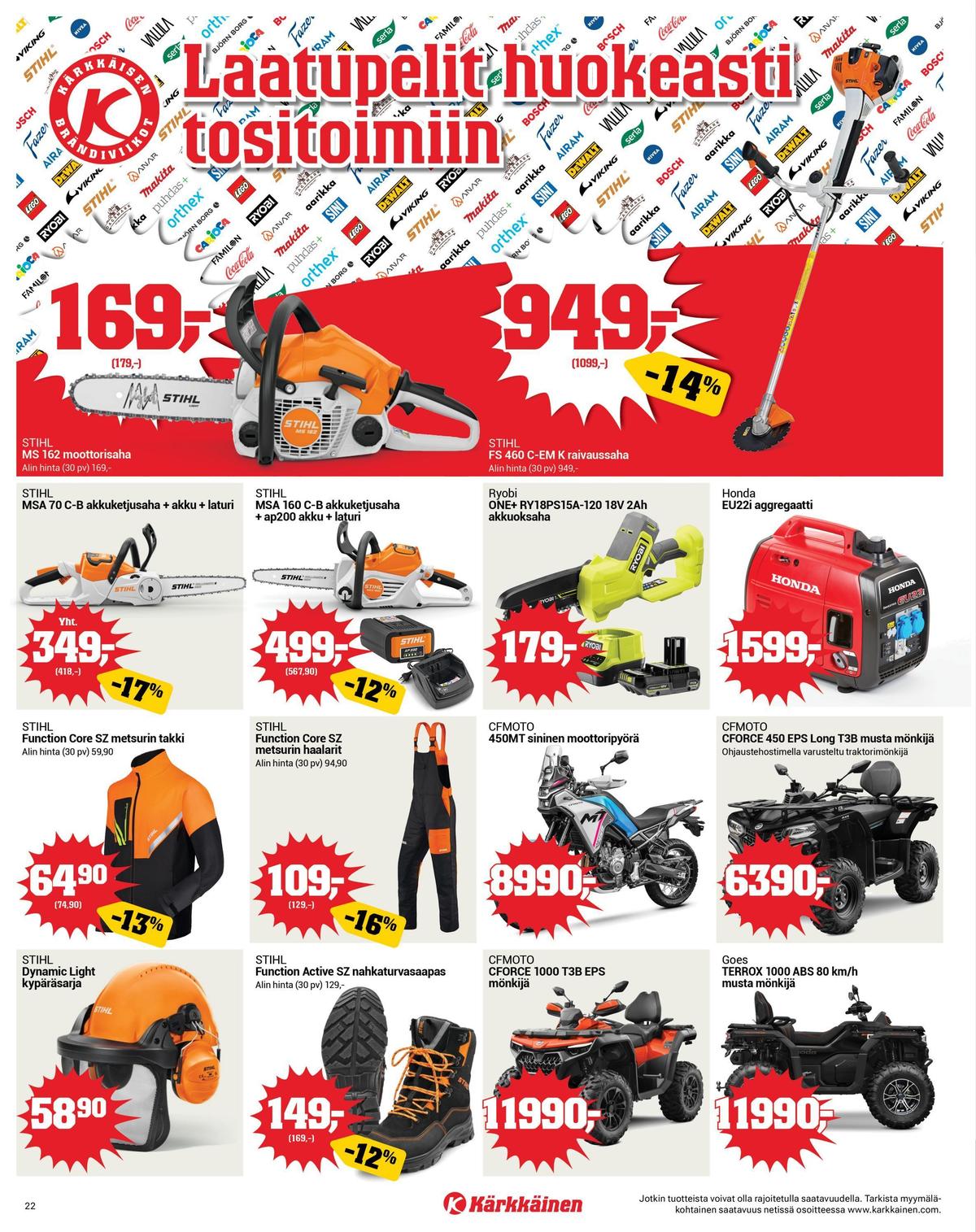 Katso ketjun Kärkkäinen tarjouslehti viikolta 11 sivustolla Viikkotarjoukset.fi. Löydät monia hyviä tarjouksia erilaisista tuotteista. Lue tarjouslehti täältä! Sivu 22