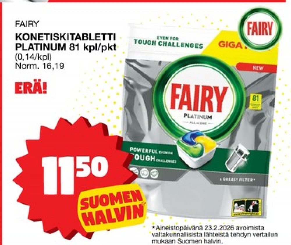 Tarjoukset ja hintavertailu haulla Fairy, , Astianpesutabletit 81.000 kpl 1 paketti(a) €11.50