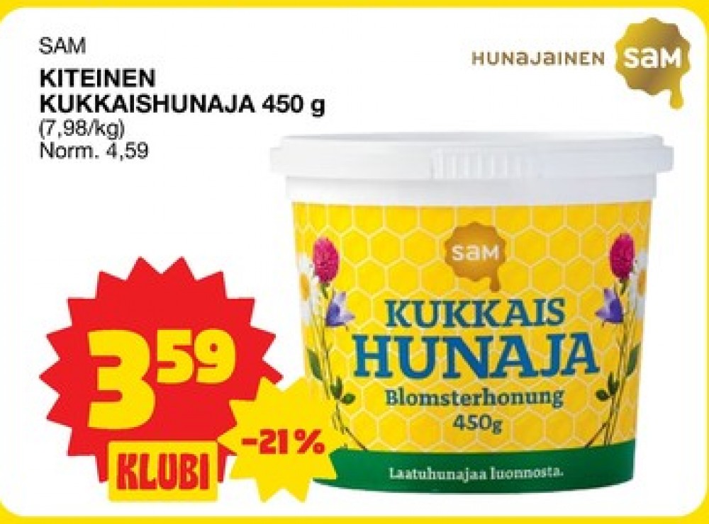 Tarjoukset ja hintavertailu haulla Sam, , Hunajat 0.450 kg 1 Purkki(a) €3.59
