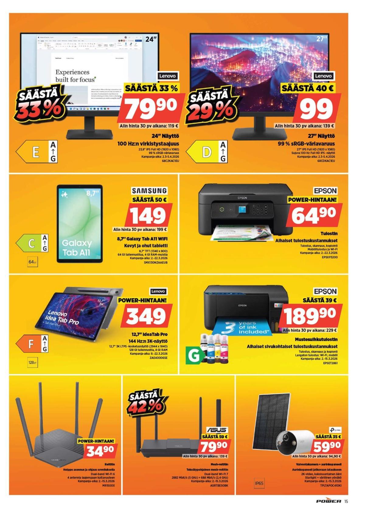 Katso ketjun Power tarjouslehti viikolta 11 sivustolla Viikkotarjoukset.fi. Löydät monia hyviä tarjouksia erilaisista tuotteista, esimerkiksi reitittimet ei määritelty tai tulostimet - väri/mustavalko epson. Lue tarjouslehti täältä! Sivu 15