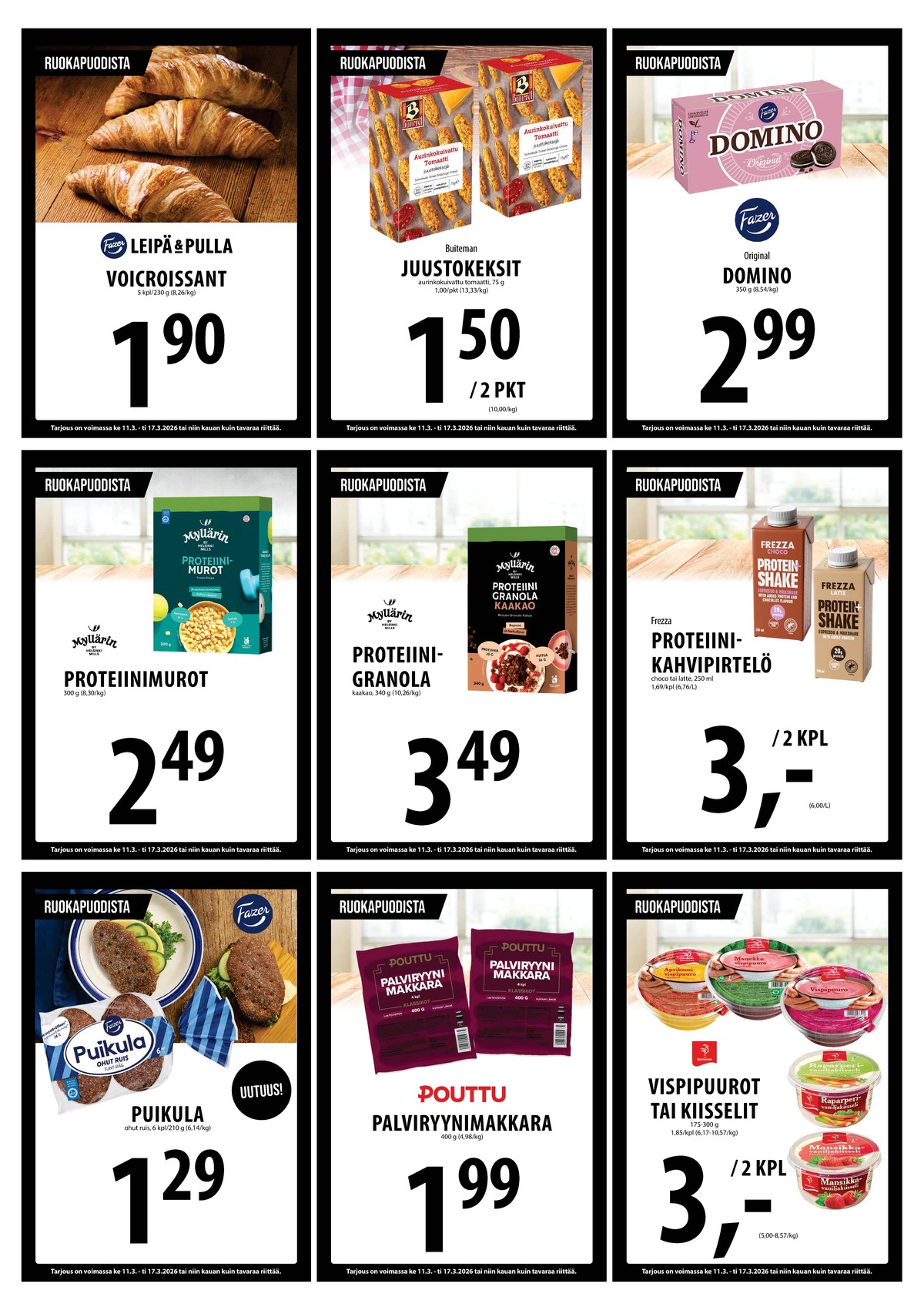 Katso ketjun Keskinen tarjouslehti viikolta 11 sivustolla Viikkotarjoukset.fi. Löydät monia hyviä tarjouksia erilaisista tuotteista, esimerkiksi ruispalat fazer puikula tai proteiinijuoma  frezza. Lue tarjouslehti täältä! Sivu 7