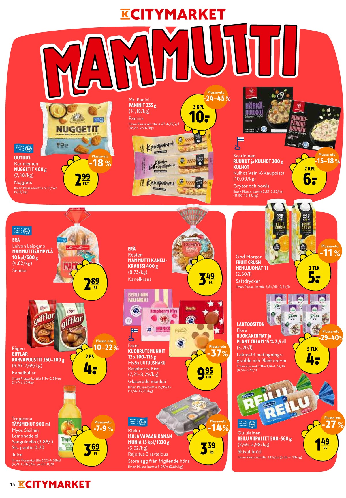 Katso ketjun K-Citymarket tarjouslehti viikolta 11 sivustolla Viikkotarjoukset.fi. Löydät monia hyviä tarjouksia erilaisista tuotteista, esimerkiksi valmisruoat kariniemen kotitila tai paninit mr panini. Lue tarjouslehti täältä! Sivu 15