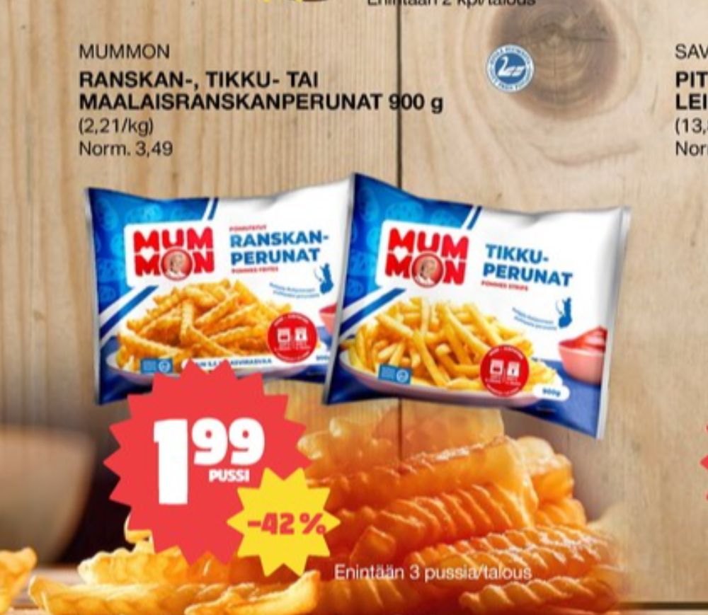 Tarjoukset ja hintavertailu haulla Mummon, , Aidot poimutetut ranskanperunat 0.900 kg 1 Pussi €1.99