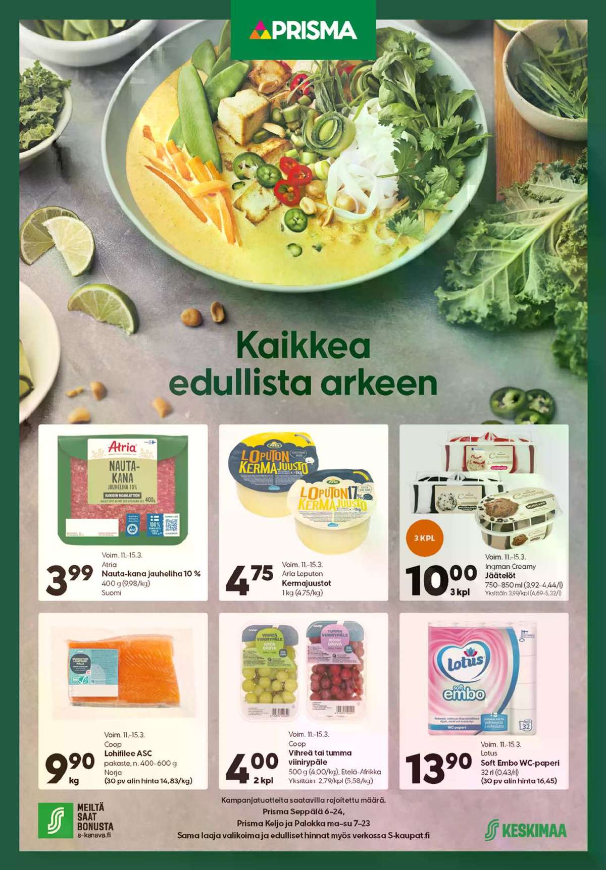 Katso ketjun Prisma region tarjouslehti viikolta 11 sivustolla Viikkotarjoukset.fi. Löydät monia hyviä tarjouksia erilaisista tuotteista, esimerkiksi nauta-kanajauheliha atria tai palajuustot arla. Lue tarjouslehti täältä! Sivu 1