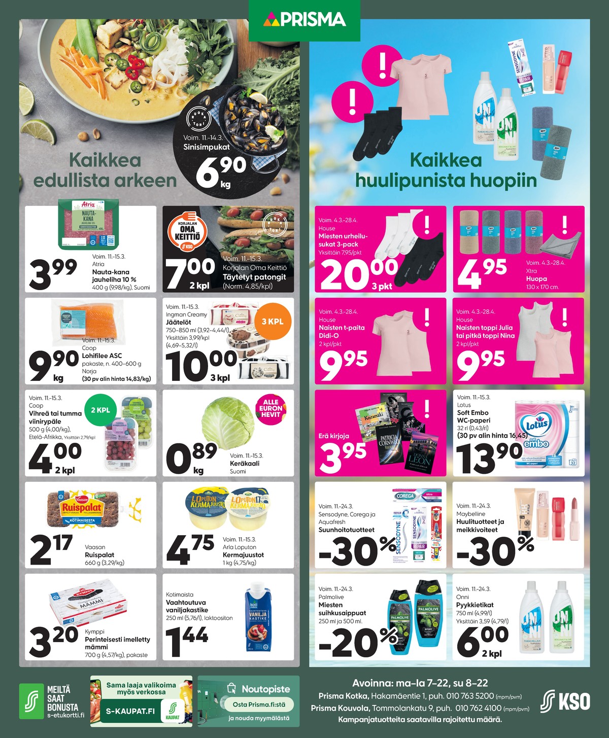 Katso ketjun Prisma region tarjouslehti viikolta 11 sivustolla Viikkotarjoukset.fi. Löydät monia hyviä tarjouksia erilaisista tuotteista, esimerkiksi nauta-kanajauheliha atria tai täytetyt patongit/leivät ei määritelty. Lue tarjouslehti täältä! Sivu 1