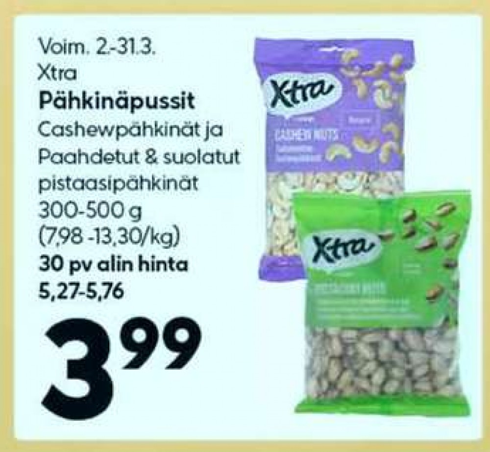 Tarjoukset ja hintavertailu haulla X-tra, , Cashewpähkinät 0.500 kg 1 Pussi €3.99