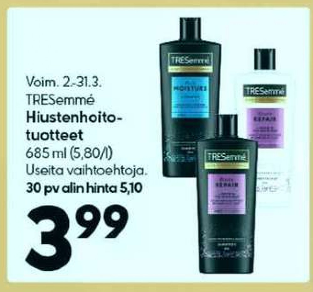 Tarjoukset ja hintavertailu haulla Tresemme, , Hoitoaineet 0.685 l 1 Pullo €3.99
