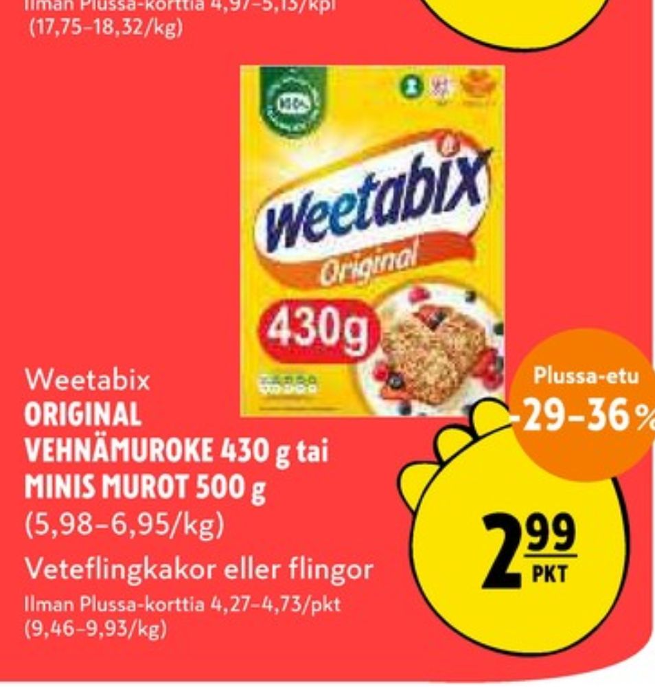 Tarjoukset ja hintavertailu haulla Weetabix, , Aamiaistuotteet 0.430 kg 1 paketti(a) €2.99