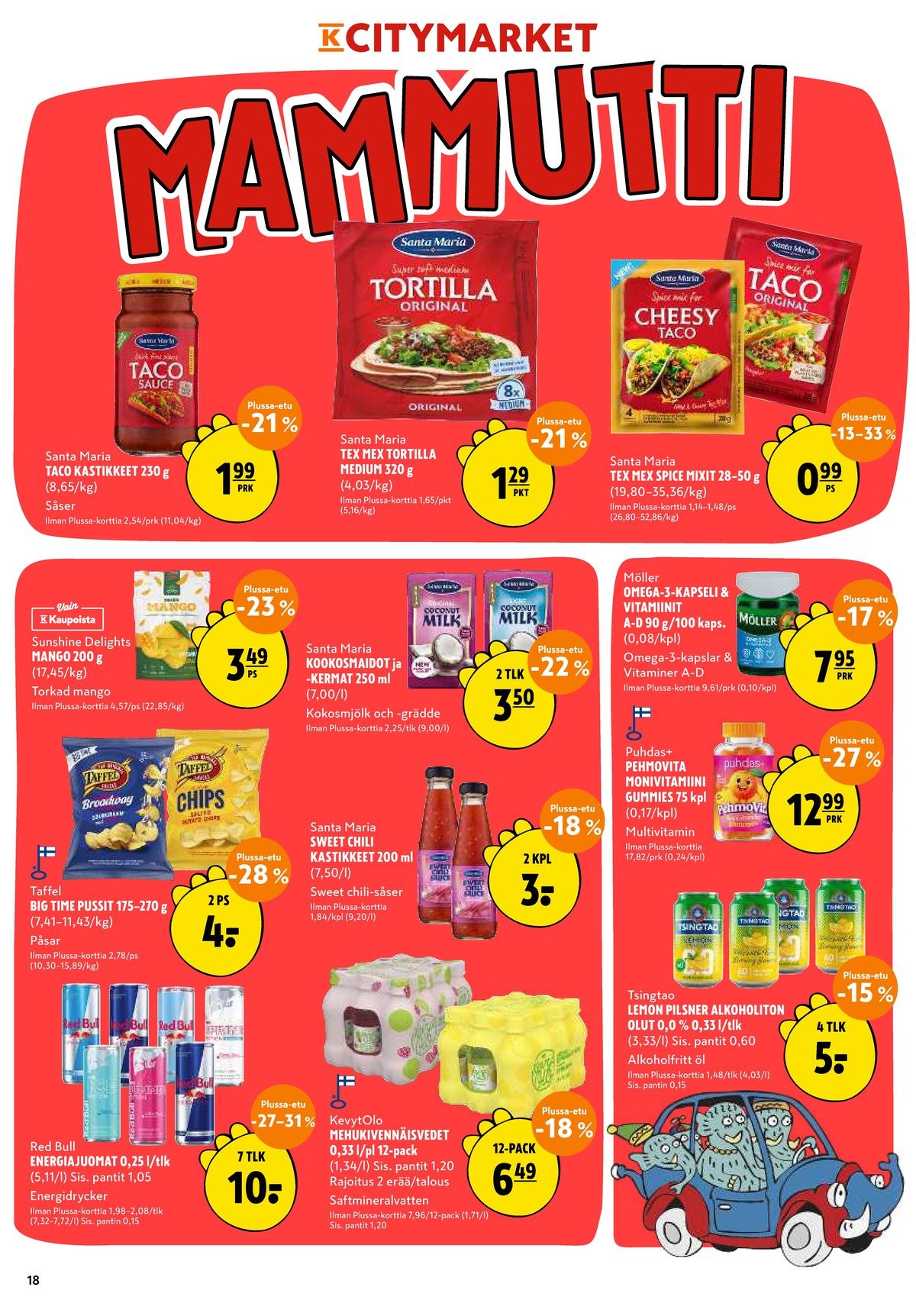 Katso ketjun K-Citymarket tarjouslehti viikolta 12 sivustolla Viikkotarjoukset.fi. Löydät monia hyviä tarjouksia erilaisista tuotteista, esimerkiksi tacokastikkeet santa maria tai tortilla wraps santa maria. Lue tarjouslehti täältä! Sivu 18