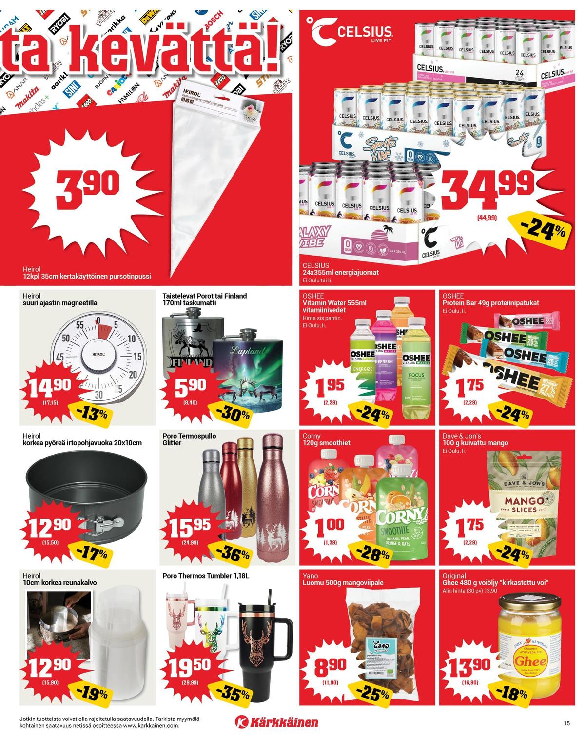 Katso ketjun Kärkkäinen tarjouslehti viikolta 13 sivustolla Viikkotarjoukset.fi. Löydät monia hyviä tarjouksia erilaisista tuotteista, esimerkiksi energiajuoma 24 pk galaxy vibe tai energiajuoma 24 pk spritzt vibe. Lue tarjouslehti täältä! Sivu 15