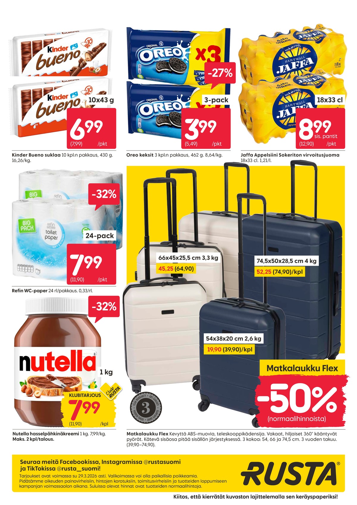 Katso ketjun Rusta tarjouslehti viikolta 13 sivustolla Viikkotarjoukset.fi. Löydät monia hyviä tarjouksia erilaisista tuotteista, esimerkiksi pähkinä-suklaalevite nutella tai suklaapatukat bueno. Lue tarjouslehti täältä! Sivu 20