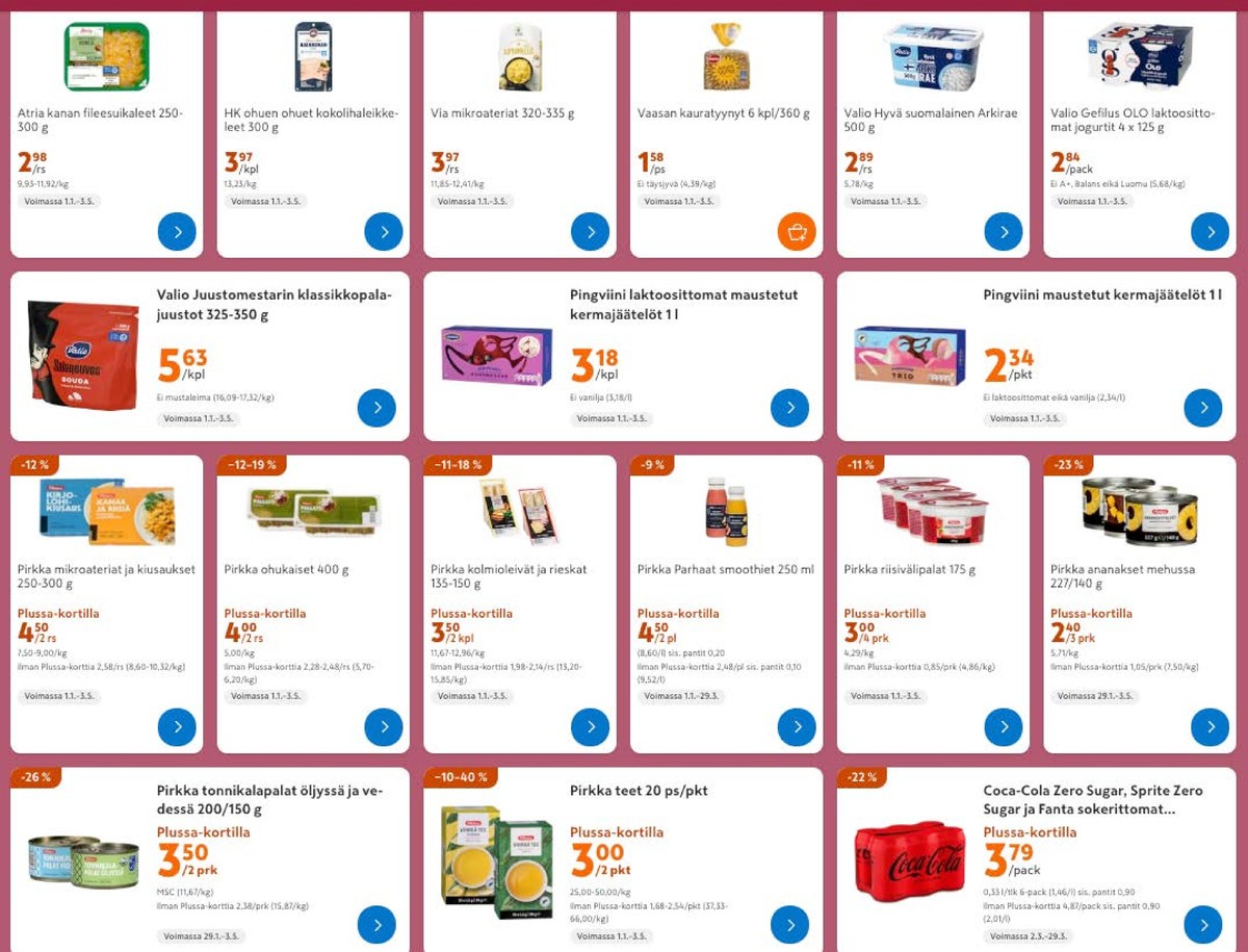 Katso ketjun K-Market tarjouslehti viikolta 13 sivustolla Viikkotarjoukset.fi. Löydät monia hyviä tarjouksia erilaisista tuotteista, esimerkiksi valmisruoat via tai kolmioleivät pirkka. Lue tarjouslehti täältä! Sivu 2