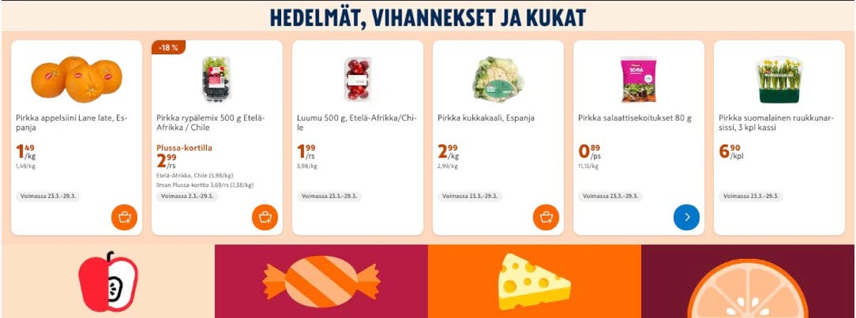 Katso ketjun K-Market tarjouslehti viikolta 13 sivustolla Viikkotarjoukset.fi. Löydät monia hyviä tarjouksia erilaisista tuotteista, esimerkiksi kukkakaali pirkka tai ruukkukukat pirkka. Lue tarjouslehti täältä! Sivu 3