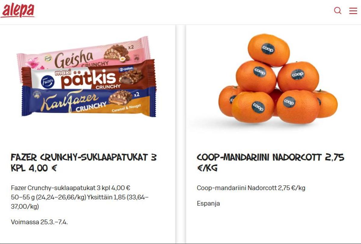 Katso ketjun Alepa tarjouslehti viikolta 13 sivustolla Viikkotarjoukset.fi. Löydät monia hyviä tarjouksia erilaisista tuotteista, esimerkiksi suklaapatukat crunchy tai mandariinit coop. Lue tarjouslehti täältä! Sivu 2
