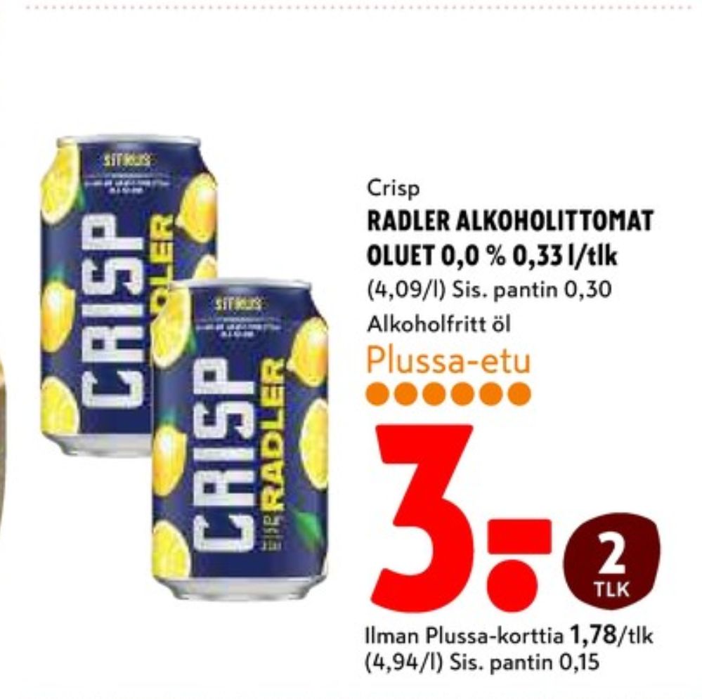 Tarjoukset ja hintavertailu haulla Crisp, , Alkoholittomat oluet 0.330 l 2 Tölkki(ä) €3.00
