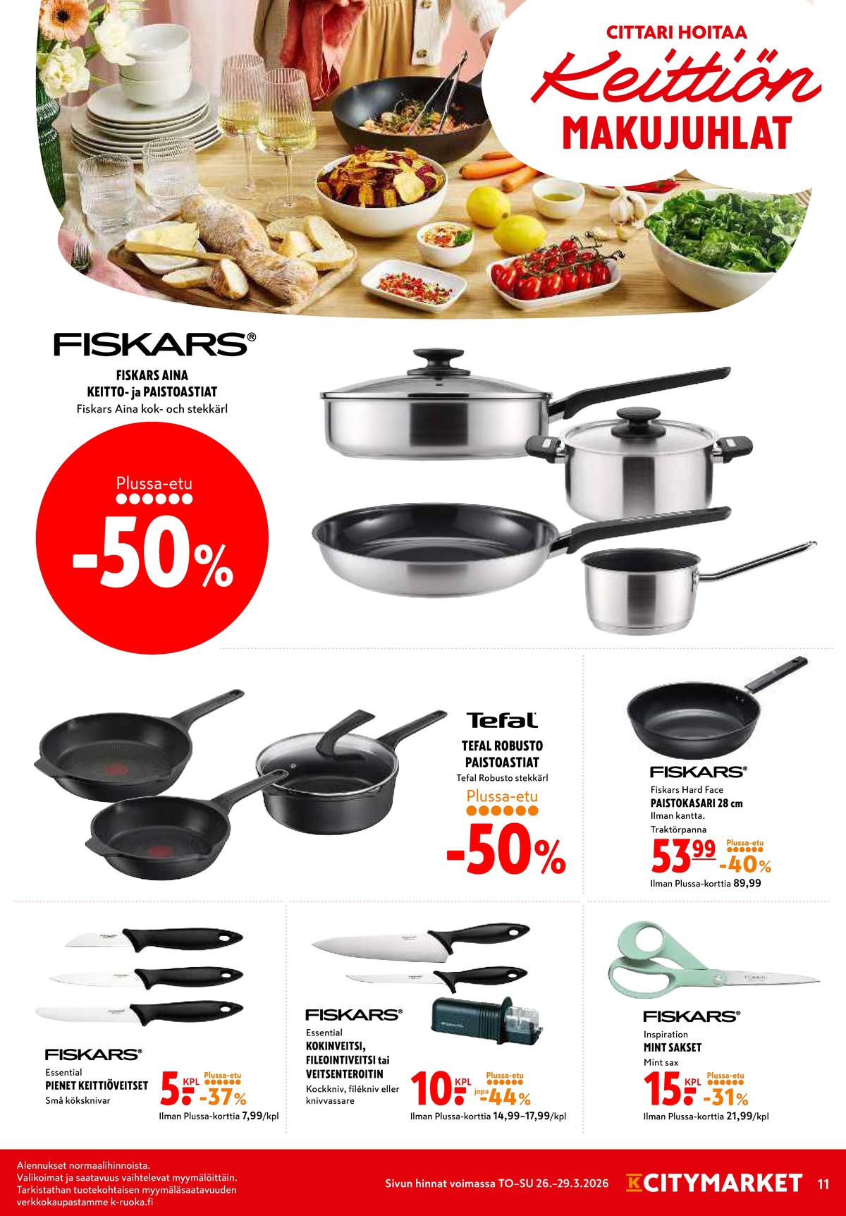 Katso ketjun K-Citymarket tarjouslehti viikolta 13 sivustolla Viikkotarjoukset.fi. Löydät monia hyviä tarjouksia erilaisista tuotteista, esimerkiksi paisto- ja keittoastiat aina tai paisto- ja keittoastiat robusto. Lue tarjouslehti täältä! Sivu 11