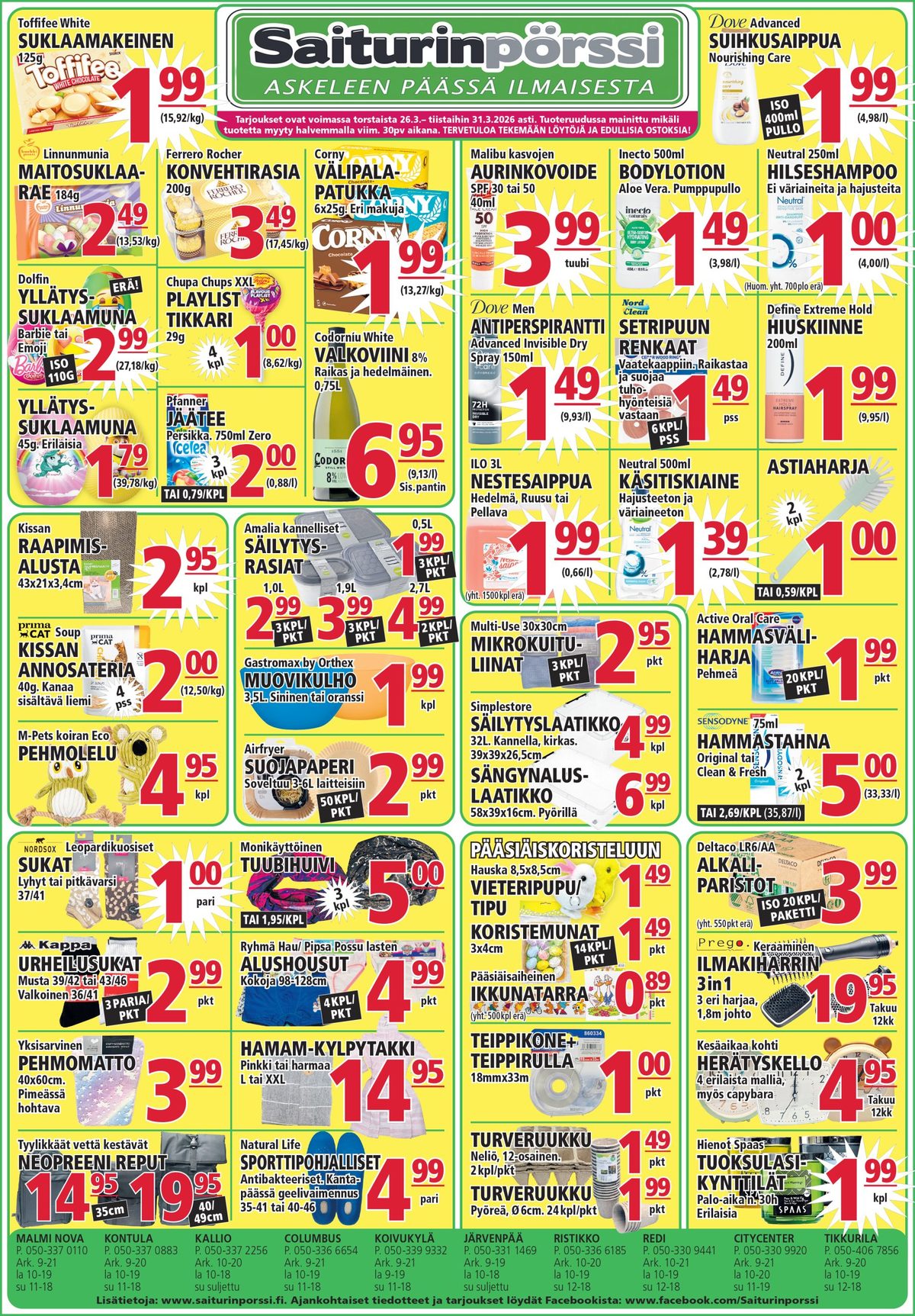 Katso ketjun Saiturin Pörssi tarjouslehti viikolta 13 sivustolla Viikkotarjoukset.fi. Löydät monia hyviä tarjouksia erilaisista tuotteista. Lue tarjouslehti täältä! Sivu 1