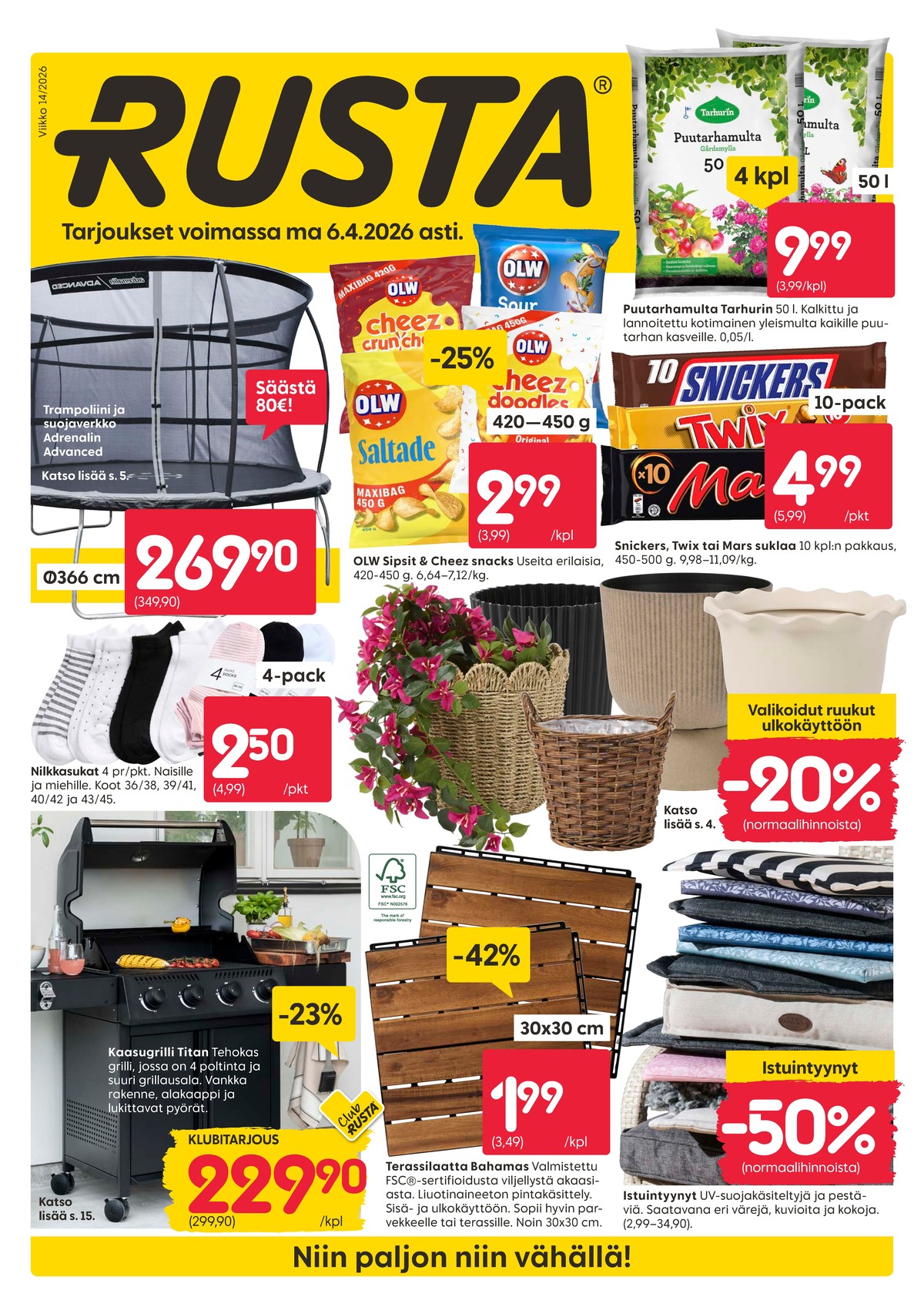 Katso ketjun Rusta tarjouslehti viikolta 14 sivustolla Viikkotarjoukset.fi. Löydät monia hyviä tarjouksia erilaisista tuotteista, esimerkiksi trampoliinit adrenalin tai cheez cruncherz juustosnacksit olw. Lue tarjouslehti täältä! Sivu 1