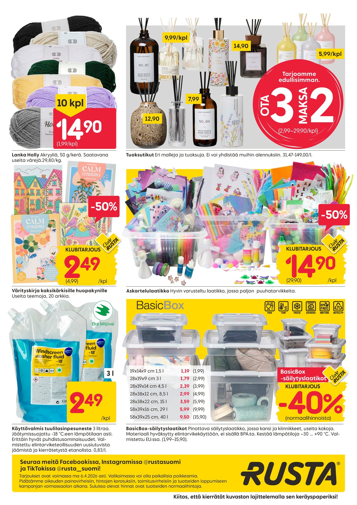 Katso ketjun Rusta tarjouslehti viikolta 14 sivustolla Viikkotarjoukset.fi. Löydät monia hyviä tarjouksia erilaisista tuotteista, esimerkiksi langat holly tai värityskirjat ei määritelty. Lue tarjouslehti täältä! Sivu 20