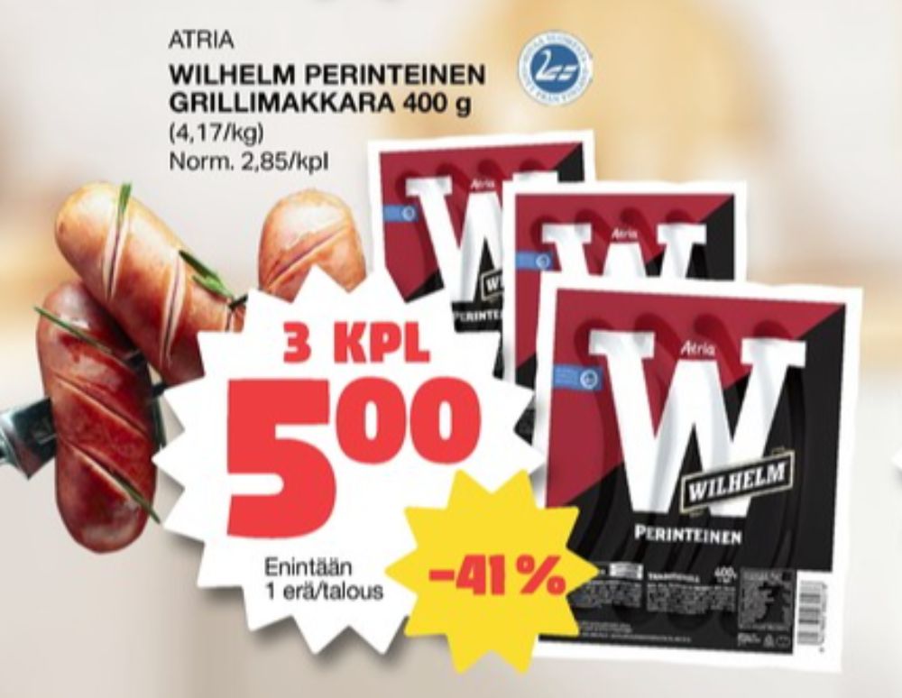 Tarjoukset ja hintavertailu haulla Wilhelm, , Grillimakkarat 0.400 kg 3 paketti(a) €5.00