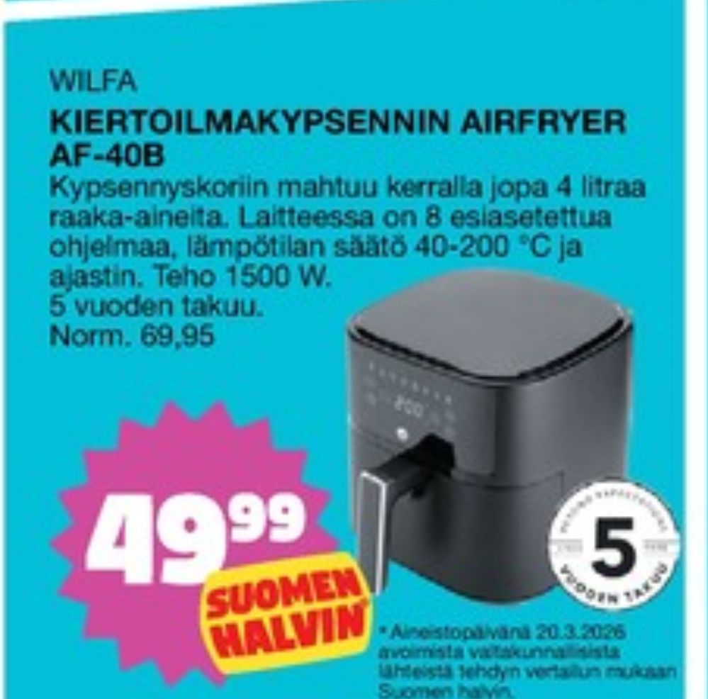 Tarjoukset ja hintavertailu haulla Wilfa, , Airfryer 0.000 kpl 1 kappale €49.99