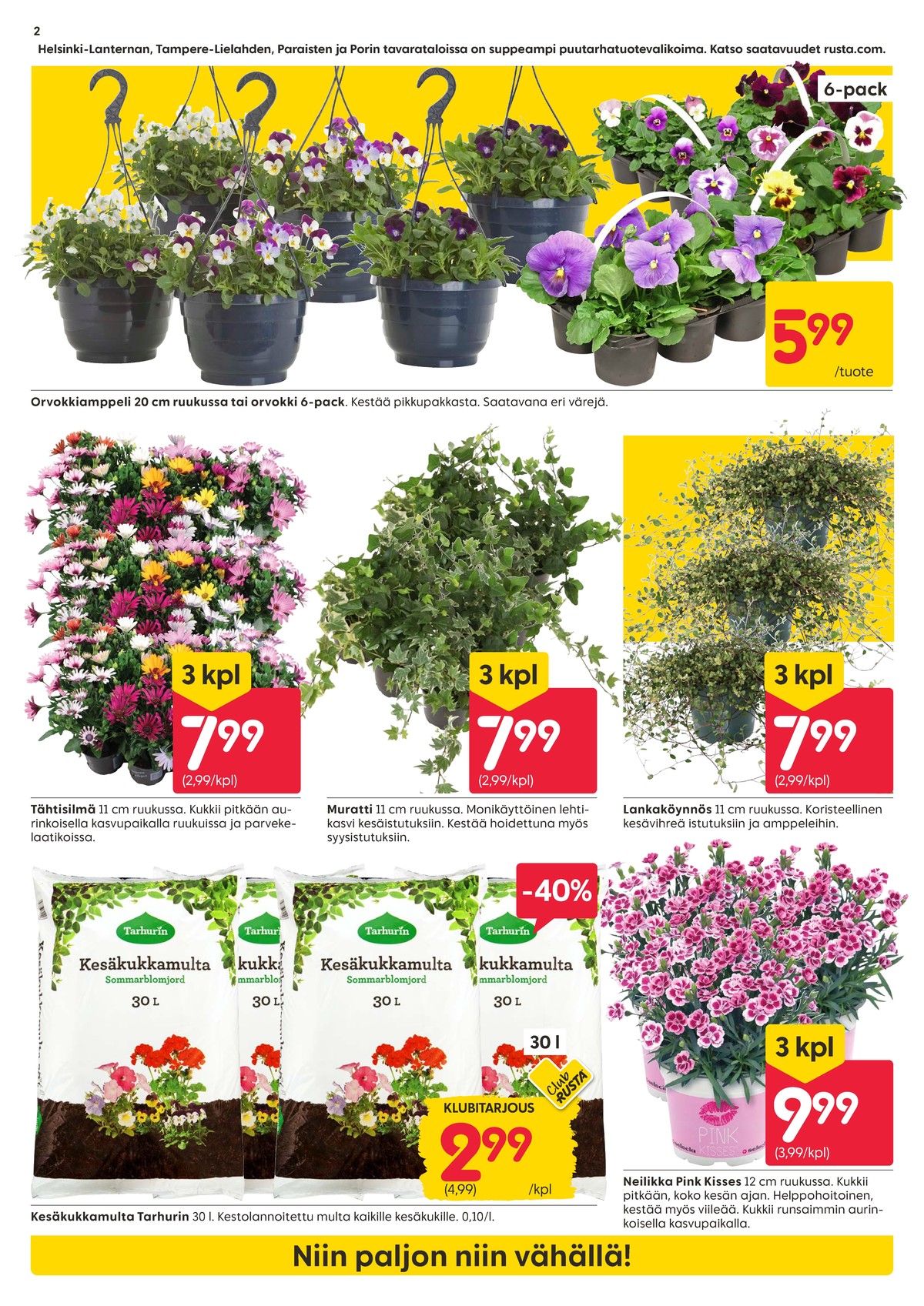 Katso ketjun Rusta tarjouslehti viikolta 15 sivustolla Viikkotarjoukset.fi. Löydät monia hyviä tarjouksia erilaisista tuotteista, esimerkiksi ruukkukukat ei määritelty tai kasvit ei määritelty. Lue tarjouslehti täältä! Sivu 2