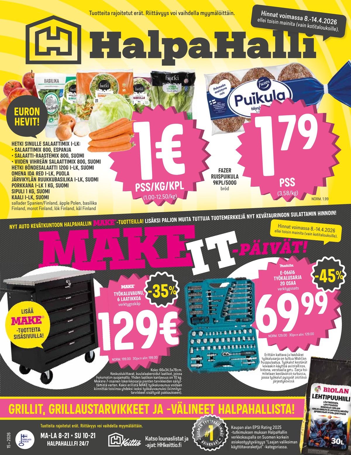 Katso ketjun Halpa Halli tarjouslehti viikolta 15 sivustolla Viikkotarjoukset.fi. Löydät monia hyviä tarjouksia erilaisista tuotteista, esimerkiksi työkalusarjat makita tai salaattisekoitukset hetki. Lue tarjouslehti täältä! Sivu 1