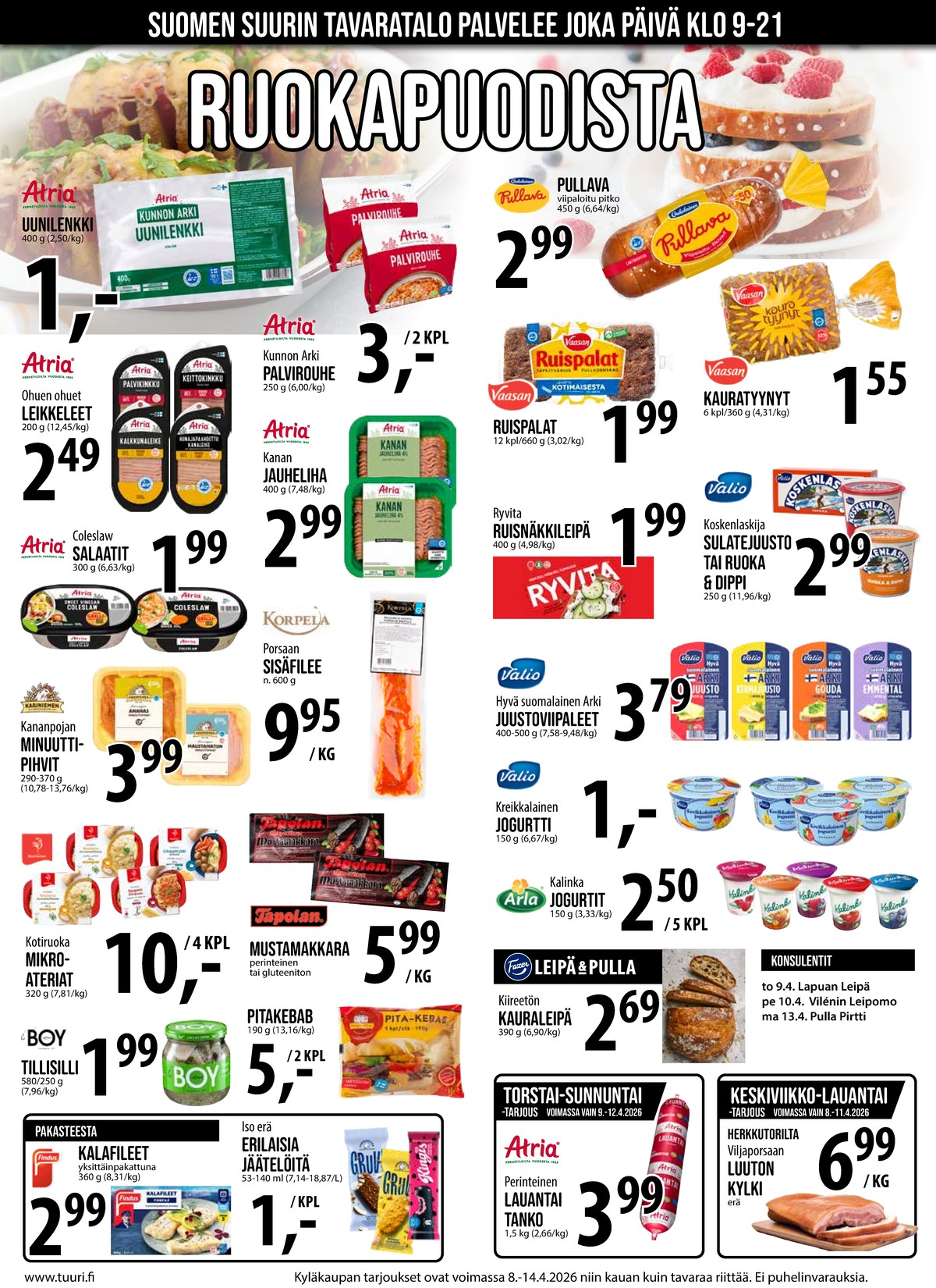 Katso ketjun Keskinen tarjouslehti viikolta 15 sivustolla Viikkotarjoukset.fi. Löydät monia hyviä tarjouksia erilaisista tuotteista, esimerkiksi pizzatäytteet atria tai mustamakkarat tapolan. Lue tarjouslehti täältä! Sivu 7