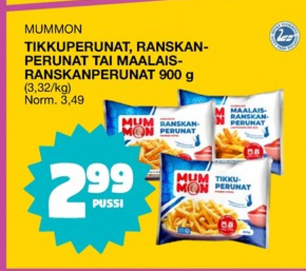 Tarjoukset ja hintavertailu haulla Mummon, , Aidot poimutetut ranskanperunat 0.900 kg 1 Pussi €2.99