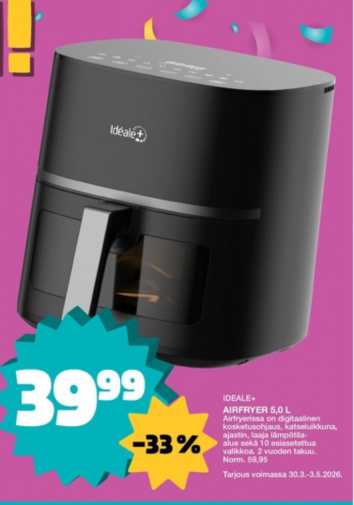 Tarjoukset ja hintavertailu haulla Ideale, , Airfryer 0.000 kpl 1 kappale €39.99