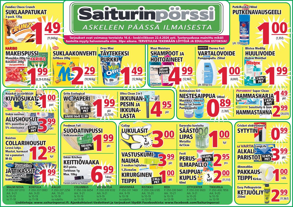 Katso ketjun Saiturin Pörssi tarjouslehti viikolta 16 sivustolla Viikkotarjoukset.fi. Löydät monia hyviä tarjouksia erilaisista tuotteista, esimerkiksi suklaapatukat fundiez tai karkkipussit haribo. Lue tarjouslehti täältä! Sivu 1