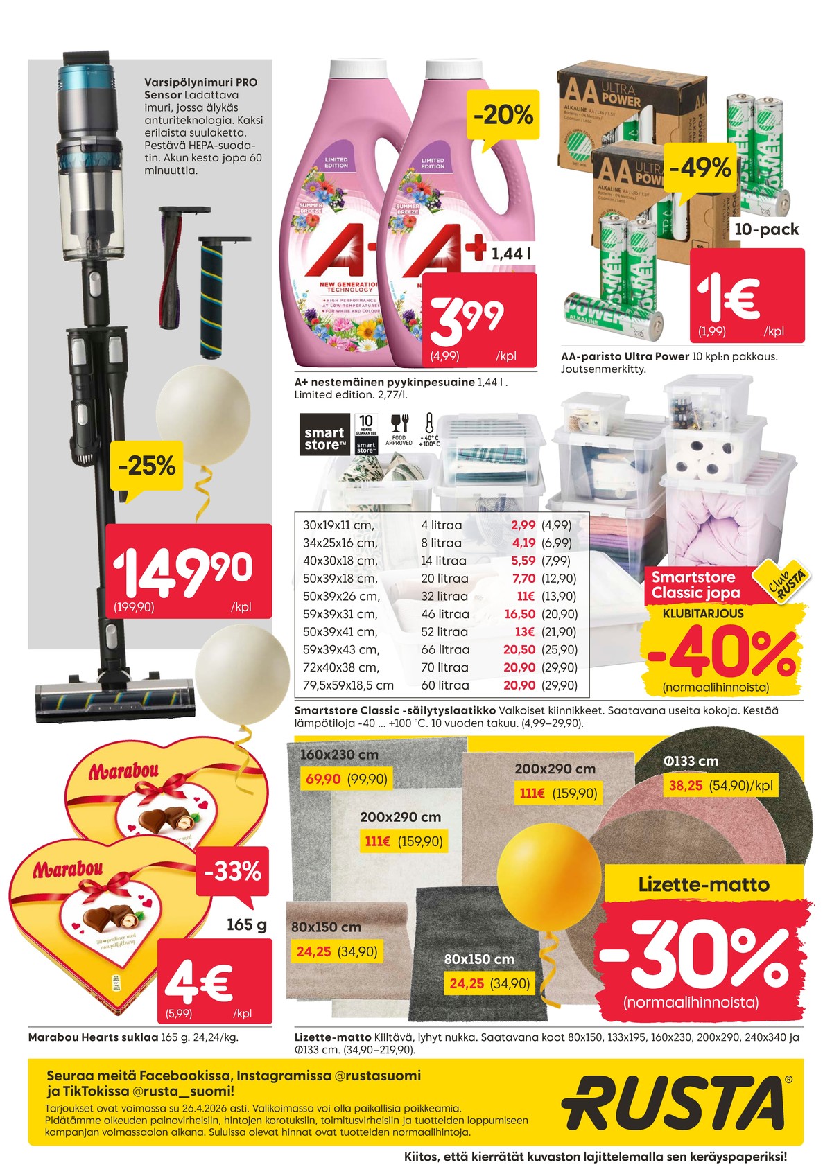 Katso ketjun Rusta tarjouslehti viikolta 17 sivustolla Viikkotarjoukset.fi. Löydät monia hyviä tarjouksia erilaisista tuotteista, esimerkiksi varsi-imurit ei määritelty tai suklaakonvehdit hearts. Lue tarjouslehti täältä! Sivu 28
