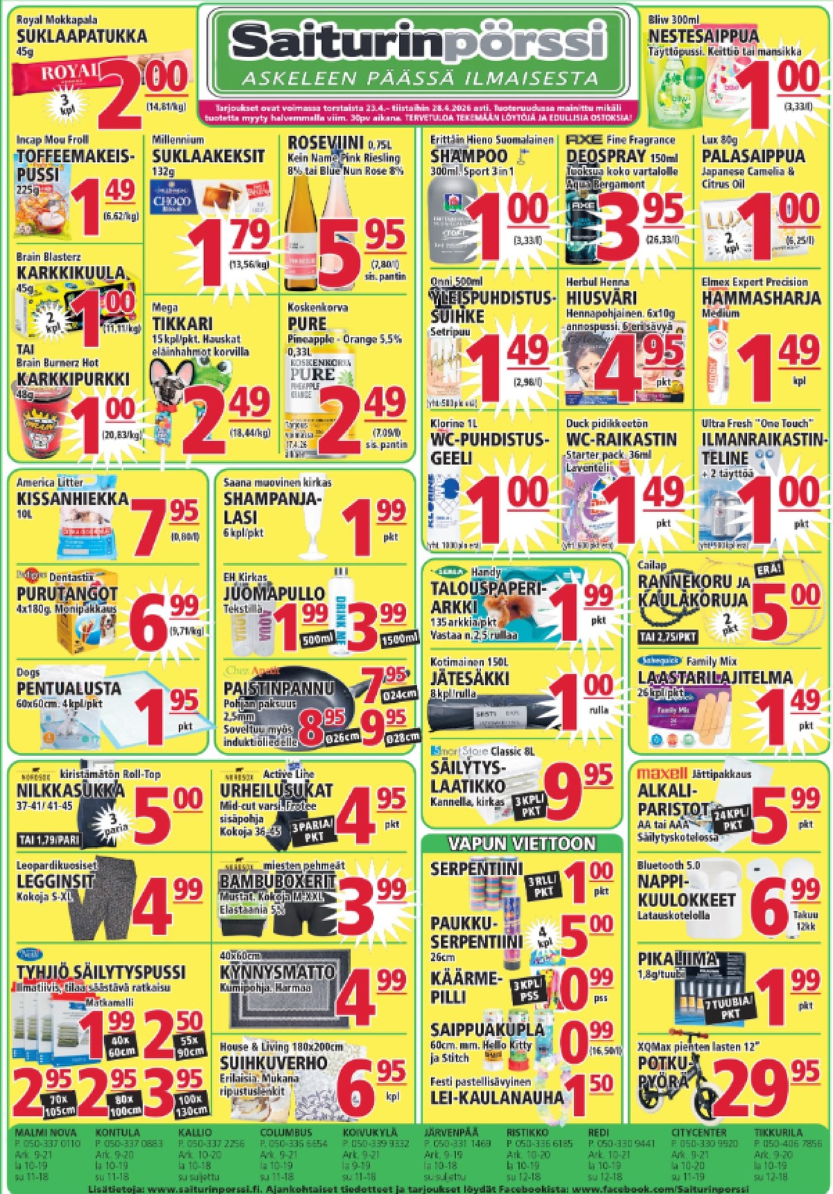 Katso ketjun Saiturin Pörssi tarjouslehti viikolta 17 sivustolla Viikkotarjoukset.fi. Löydät monia hyviä tarjouksia erilaisista tuotteista, esimerkiksi suklaapatukat royal tai makeiset ei määritelty. Lue tarjouslehti täältä! Sivu 1
