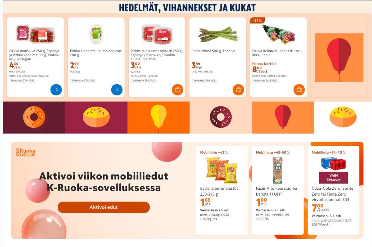 Katso ketjun K-Market tarjouslehti viikolta 18 sivustolla Viikkotarjoukset.fi. Löydät monia hyviä tarjouksia erilaisista tuotteista, esimerkiksi mansikat pirkka tai hedelmät pirkka. Lue tarjouslehti täältä! Sivu 2