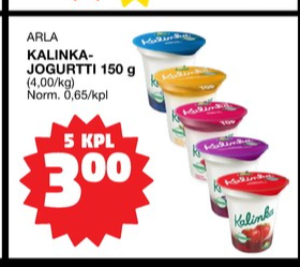 Tarjoukset ja hintavertailu haulla Kalinka, , Jogurtit 0.150 kg 5 Purkki(a) €3.00