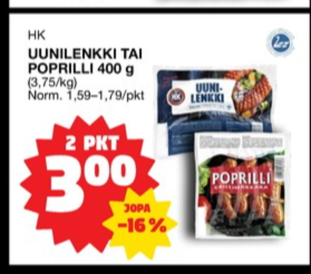 Tarjoukset ja hintavertailu haulla Poprilli, , Grillimakkarat 0.400 kg 2 paketti(a) €3.00