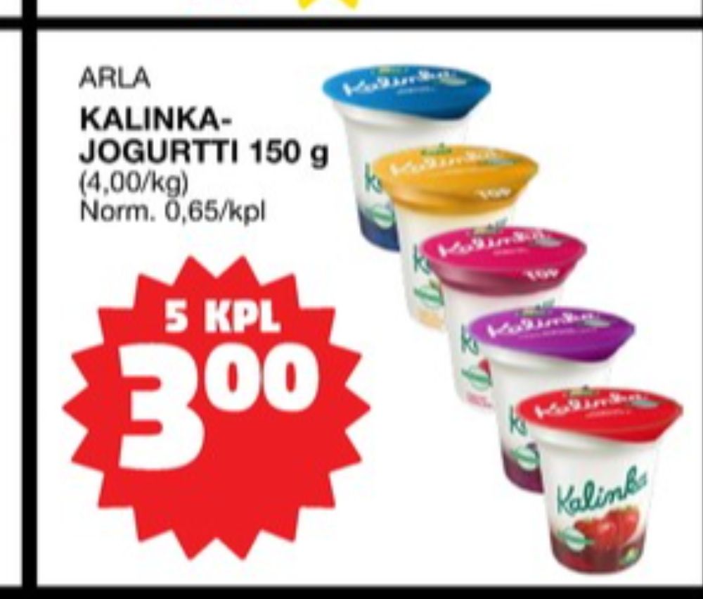 Tarjoukset ja hintavertailu haulla Kalinka, , Jogurtit 0.150 kg 5 Purkki(a) €3.00