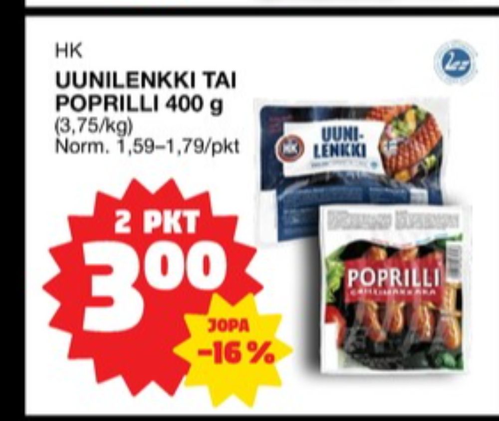 Tarjoukset ja hintavertailu haulla Poprilli, , Grillimakkarat 0.400 kg 2 paketti(a) €3.00
