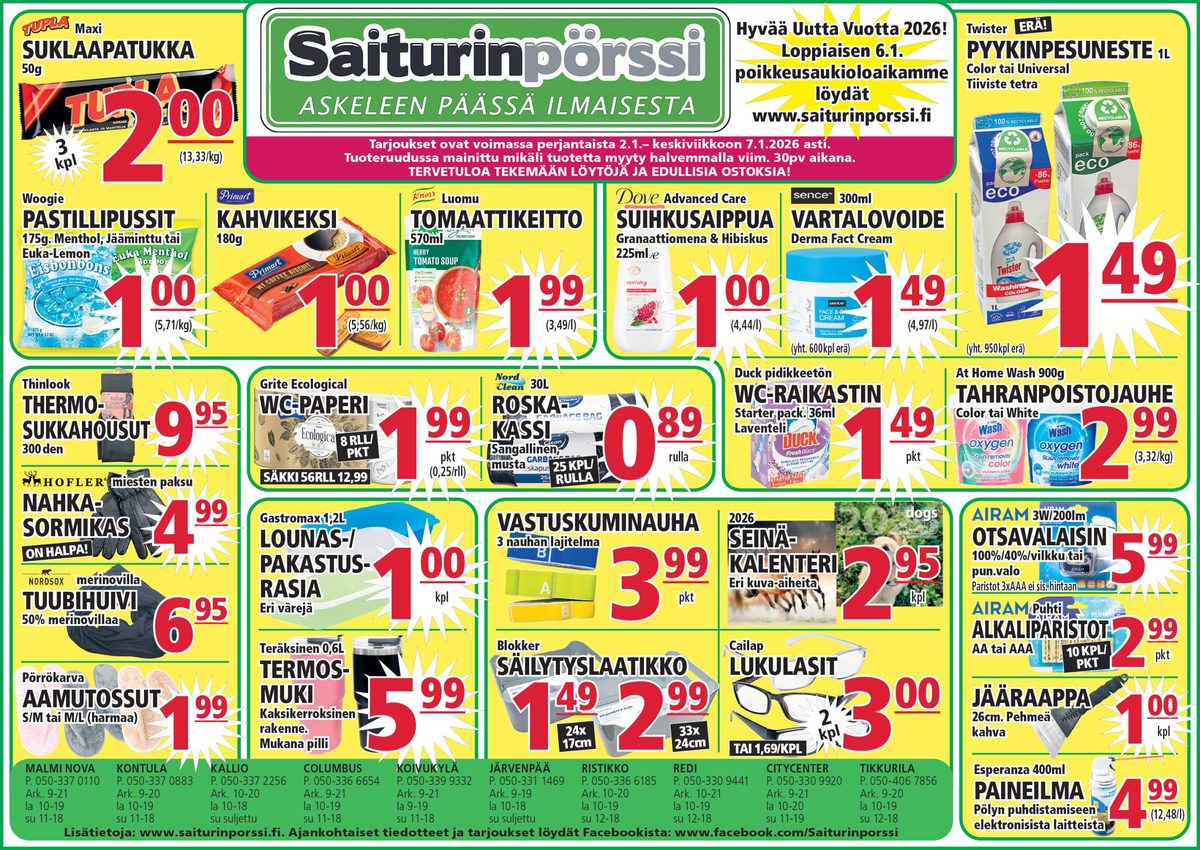 Katso ketjun Saiturin Pörssi tarjouslehti viikolta 2 sivustolla Viikkotarjoukset.fi. Löydät monia hyviä tarjouksia erilaisista tuotteista, esimerkiksi keitot knorr tai wc-paperit grite. Lue tarjouslehti täältä! Sivu 1