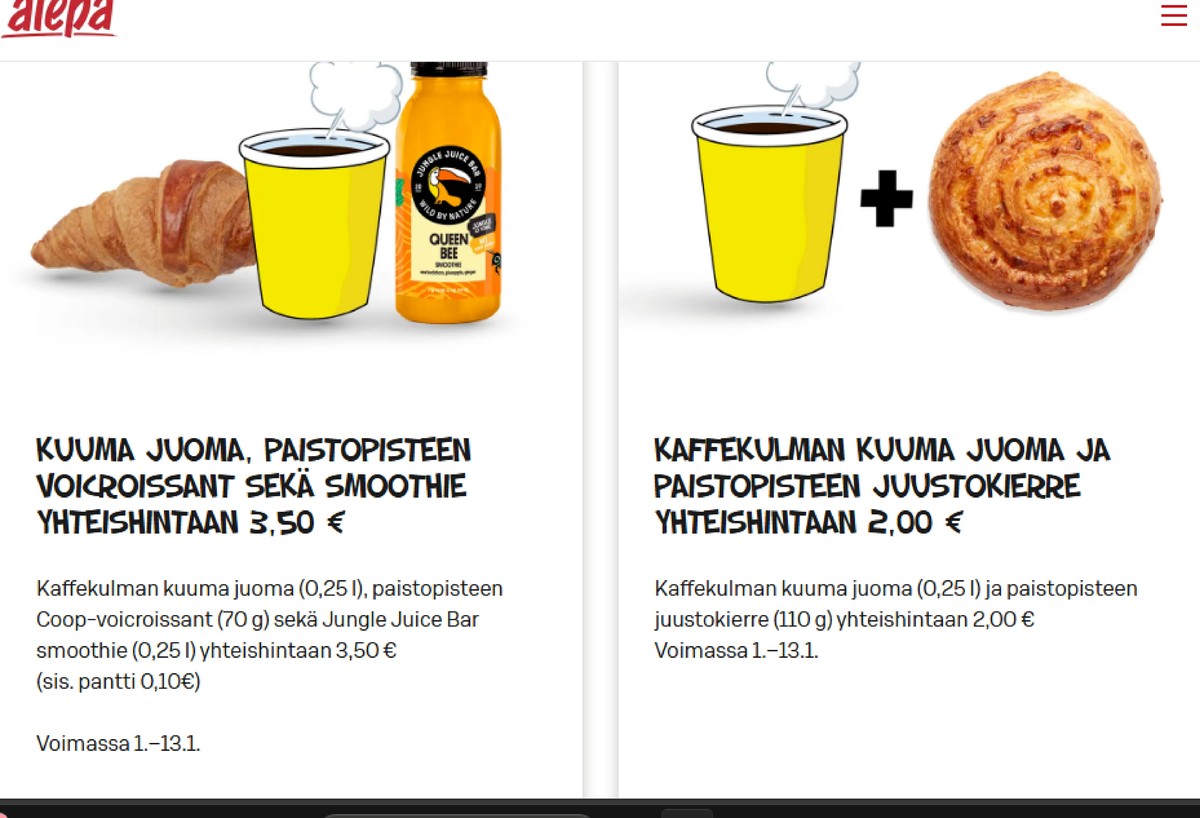 Katso ketjun Alepa tarjouslehti viikolta 2 sivustolla Viikkotarjoukset.fi. Löydät monia hyviä tarjouksia erilaisista tuotteista, esimerkiksi smoothies jungle juice bar tai piiraat ei määritelty. Lue tarjouslehti täältä! Sivu 1