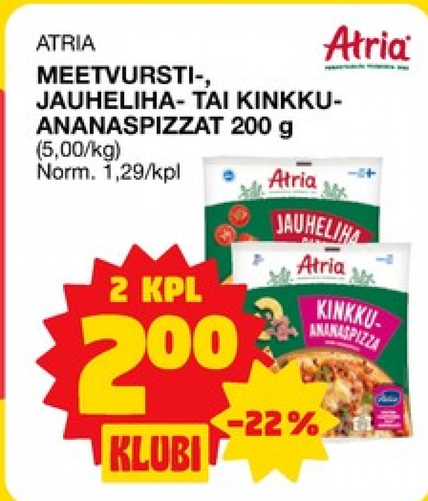 Tarjoukset ja hintavertailu haulla Atria, , Jauhelihapizza 0.200 kg 2 paketti(a) €2.00