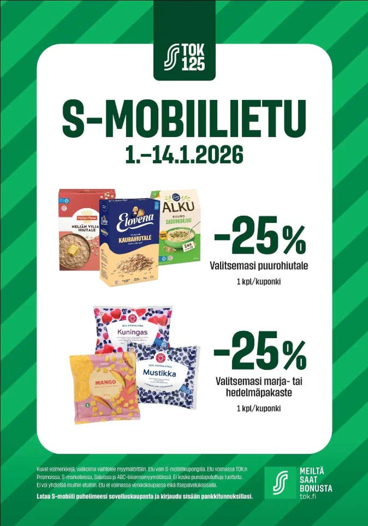 Katso ketjun S-Market tarjouslehti viikolta 2 sivustolla Viikkotarjoukset.fi. Löydät monia hyviä tarjouksia erilaisista tuotteista, esimerkiksi 4-viljan hiutaleet myllyn paras tai kaurahiutaleet elovena. Lue tarjouslehti täältä! Sivu 1