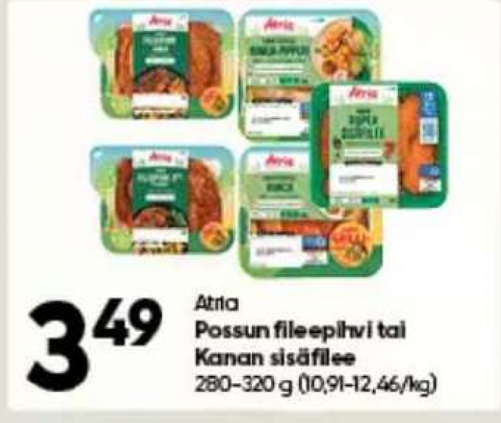 Tarjoukset ja hintavertailu haulla Atria, , Kanan fileesuikaleet 0.300 kg 1 paketti(a) €3.49