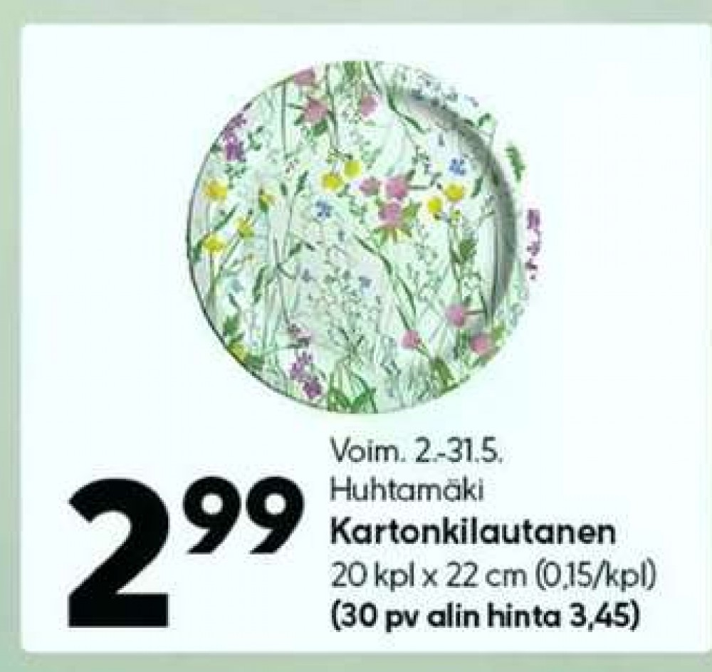 Tarjoukset ja hintavertailu haulla Huhtamäki, , Kertakäyttölautaset 20.000 kpl 1 paketti(a) €2.99