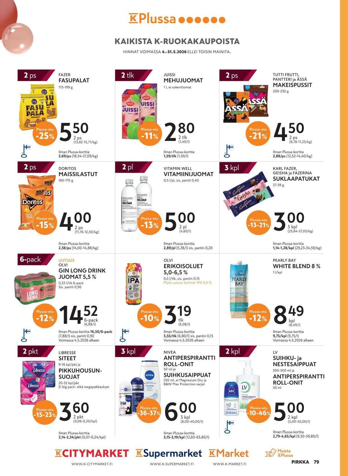 Katso ketjun K-Supermarket tarjouslehti viikolta 20 sivustolla Viikkotarjoukset.fi. Löydät monia hyviä tarjouksia erilaisista tuotteista, esimerkiksi terveyssiteet libresse tai valkoviinit ei määritelty. Lue tarjouslehti täältä! Sivu 3