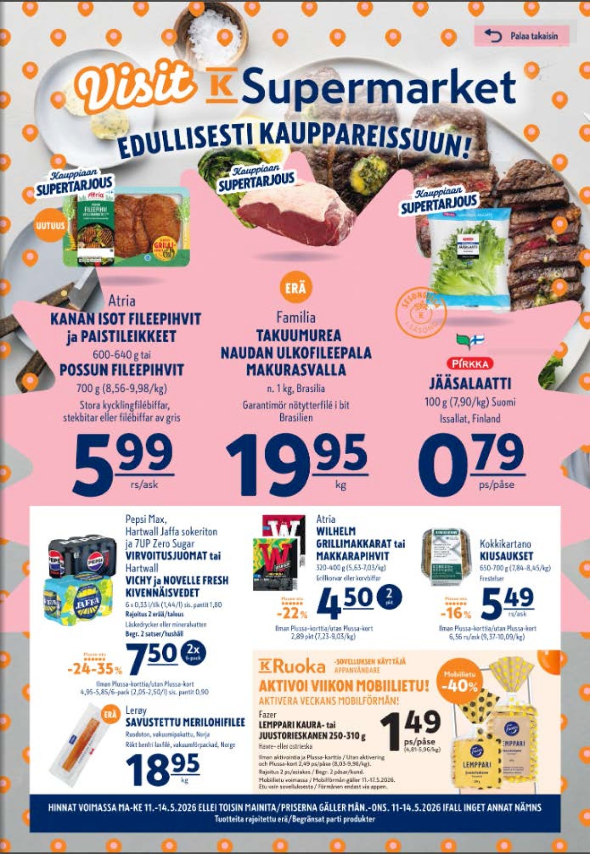 Katso ketjun K-Supermarket tarjouslehti viikolta 20 sivustolla Viikkotarjoukset.fi. Löydät monia hyviä tarjouksia erilaisista tuotteista. Lue tarjouslehti täältä! Sivu 1