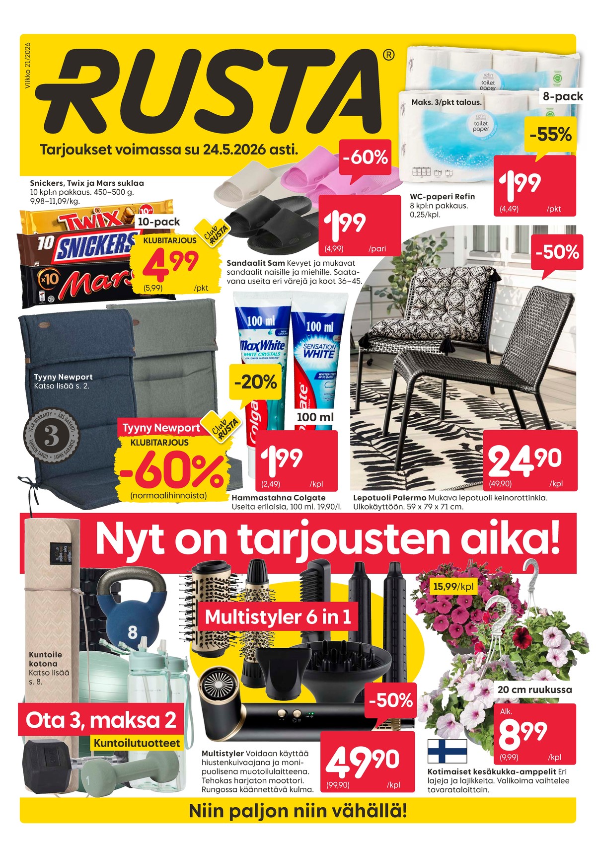 Katso ketjun Rusta tarjouslehti viikolta 21 sivustolla Viikkotarjoukset.fi. Löydät monia hyviä tarjouksia erilaisista tuotteista, esimerkiksi %product1% tai muista tuotteista. Lue tarjouslehti täältä! Sivu 1