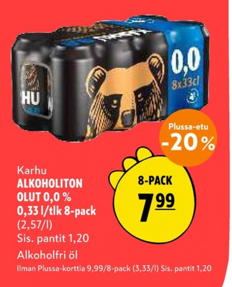 Tarjoukset ja hintavertailu haulla Karhu, , Alkoholiton olut 8 pk 0.330 l 8 Tölkki(ä) €7.99